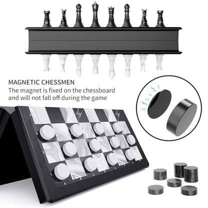 2-in-1 Chess Set and Magnetic Checkers Set - Foldable 13-inch Travel Board Game, Durable Plastic, Puzzle and Strategy Toys for Kids and Adults - color: Black and White