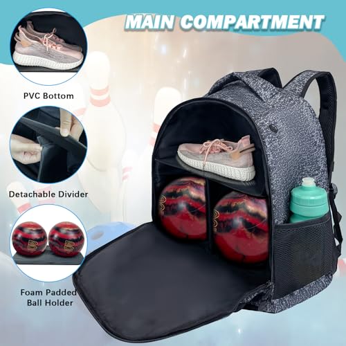 WOLT Bowling Ball Bag,2 Ball Bowling Backpack with Protective Foam Padded & Shoe Compartment Fits Up to Mens Size 16 - color: Healthygrey
