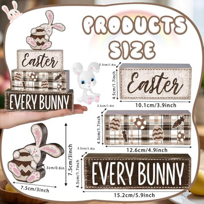 DIYDEC 4Pcs Easter Tabletop Decorations Rabbit Wooden Block Signs Bunny Tiered Tray Decor Happy Easter Centerpiece Farmhouse Wood Bunny Table Sign for Kitchen Home Office Party Decor - style: Pink Rabbit