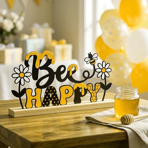Bee Happy Spring Table Decorations Cute Bumble Bee Metal Table Sign with Wooden Base Spring Summer Farmhouse Tiered Tray Decor Yellow Daisy Tabletop Centerpieces for Home Mantel Shelf Desk - style: Bee Happy