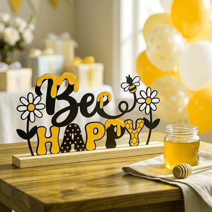 Bee Happy Spring Table Decorations Cute Bumble Bee Metal Table Sign with Wooden Base Spring Summer Farmhouse Tiered Tray Decor Yellow Daisy Tabletop Centerpieces for Home Mantel Shelf Desk - style: Bee Happy