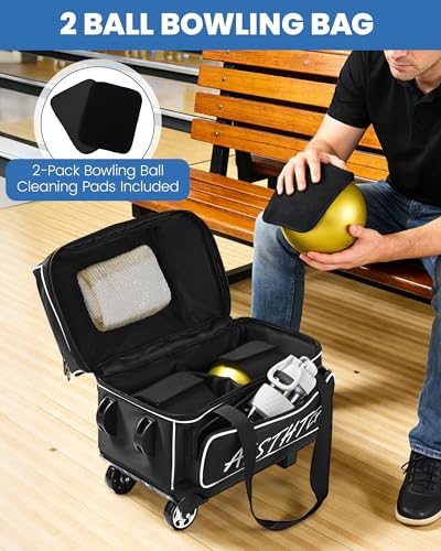 2 Ball Bowling Bag with Wheels, Bowling Bags 2 Ball Roller - 1680D Reinforced Oxford, Bowling Ball Bag with Separate Shoe Compartment & Retractable Handle Extends to 40'' - color: Black and White