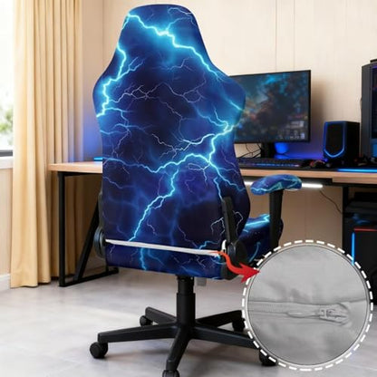Lightning Print Gaming Chair Slip Cover Set of 4 Scratch Proof Elastic Gamer Chair Cover with 2 Armrest Covers Universal Fit Office Desk & Racing Computer Gamer Chairs - color: Black and Blue - Lightning