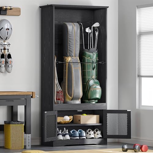 DWVO Golf Bag Organizer - Stylish Wooden Storage Cabinet for Garage & Home, Holds 2 Golf Bags with Turf Mat Protection