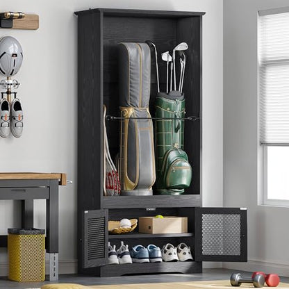 DWVO Golf Bag Organizer - Stylish Wooden Storage Cabinet for Garage & Home, Holds 2 Golf Bags with Turf Mat Protection