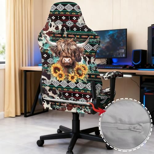 Highland Cow Print Gaming Chair Cover with Armrest Covers Aztec Sunflower Print Computer Chair Seat Slipcovers Universal Fit for Desk/Swivel/Rotating Chairs Protector - color: Multi - Highland Cow Aztec Sunflower