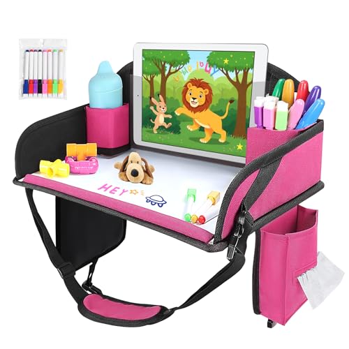 Kids Travel Tray for Airplane - Toddler Car Seat Table Tray, Road Trip Essentials for Boys & Girls, Carseat Lap Desk for Kids Road Trip Activities (Pink) - color: Pink