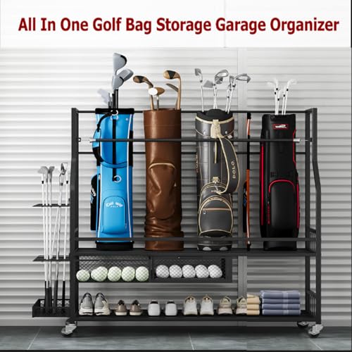 Golf Bag Storage Garage Organizer, Golf Bag Stand Fit for 4 Golf Bags, Golf Clubs, Golf Balls, Golf Equipment Accessories, Golf Bag Storage Rack with Wheels for Garage, Club, Shed, Basement - size: 45.7" L x 42.2 " W x 15.7“ H