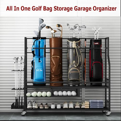 Golf Bag Storage Garage Organizer, Golf Bag Stand Fit for 4 Golf Bags, Golf Clubs, Golf Balls, Golf Equipment Accessories, Golf Bag Storage Rack with Wheels for Garage, Club, Shed, Basement - size: 45.7" L x 42.2 " W x 15.7“ H