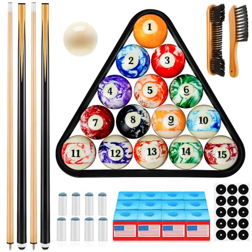Outus 71 Pcs Premium Pool & Billiard Table Accessories Set – Pool Balls, Cue Sticks with Tips, Triangle Rack, Chalks, Brush Spot Stickers for Home Family & Beginner Practice - style: Marble Style Balls