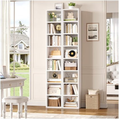 FOTOSOK White Bookshelf 8-Tier Narrow Bookshelf, 11.6 X 9.3 X 70.9 Tall CD DVD Media Tower Rack with 4 Adjustable Shelves, Tall Narrow Bookcase Slim Display Bookshelf with Cube Storage for Home Office - color: White