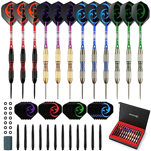 WINSDART Darts Metal Tip Set Professional Metal Darts for Dartboard Steel Tip Darts with Nonslip Iron Barrel Aluminum Dart Shafts,Extra Flights,Dart Sharpener,Gift Box - style: Flame Laser Darts Set