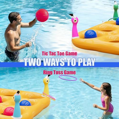 Flamingo Pool Toys Games Set, 2-in-1 Giant Inflatable Tic Tac Toe Float Game & Ring Toss Game with 10 Balls & 6 Rings, Outdoor Summer Fun Beach Yard Swimming Pool Games for Adults Teens Kids 6+ - style: Flamingo