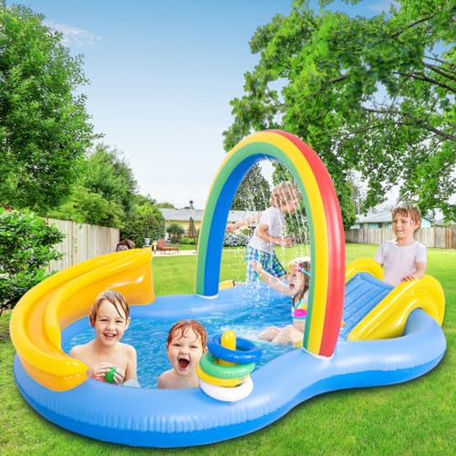 Inflatable Swimming Pool with Water Slide, Inflatable Play Center with Spray Water, Toss Ring, Ball for Outdoor Backyard Garden Water Park - size: 86.5"