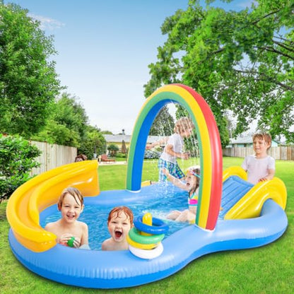 Inflatable Swimming Pool with Water Slide, Inflatable Play Center with Spray Water, Toss Ring, Ball for Outdoor Backyard Garden Water Park - size: 86.5"