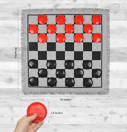 Giant Checkers Board Game Set,3 in 1 Jumbo Tic Tac Toe Game,Classic Checkers Board Game for Kids & Adults,Large Checkers Rug Game Mat,Indoor Outdoor Game for Family Camping Party