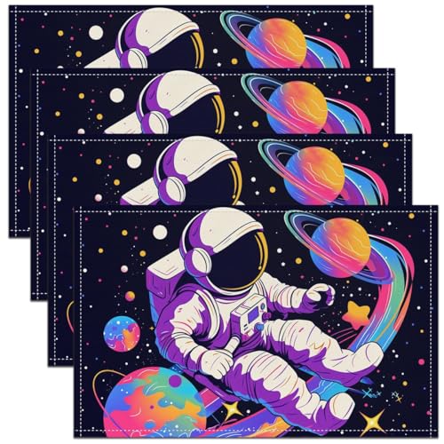 Astronaut Kids Placemats Cartoon Colorful Graffiti Planets Table Mats for Boys Girls Teens Starry Galaxy Glitter Stars Hippie Kitchen Mats for Dining Table 12x18 Inch Set of 4 - color: Purple Pink Blue Yellow
