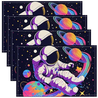 Astronaut Kids Placemats Cartoon Colorful Graffiti Planets Table Mats for Boys Girls Teens Starry Galaxy Glitter Stars Hippie Kitchen Mats for Dining Table 12x18 Inch Set of 4 - color: Purple Pink Blue Yellow