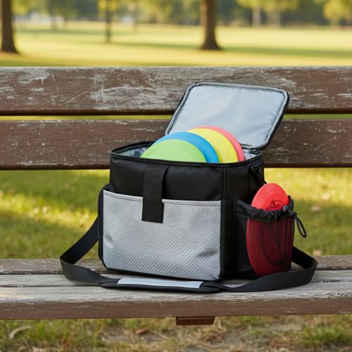 Disc Golf Bag with Shoulder Strap, Compact Polyester Carrier for Organizing Discs, Black Storage Case 9.8 x 5.9 x 9.4 Inches