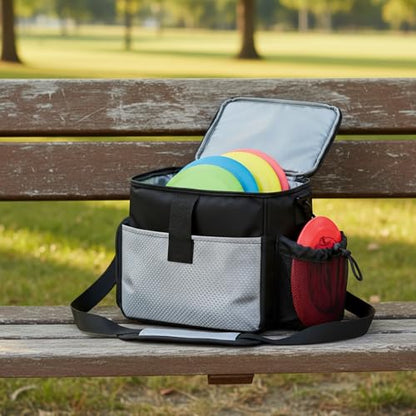 Disc Golf Bag with Shoulder Strap, Compact Polyester Carrier for Organizing Discs, Black Storage Case 9.8 x 5.9 x 9.4 Inches