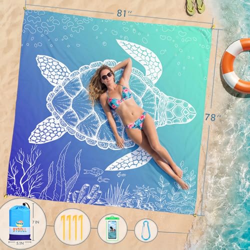 BYDOLL Beach Blanket Waterproof Sandproof Large Sand Free,78''X81''/10'X9' Oversized Sandless Lightweight Blanket Picnic Mat for Beach Travel Camping Hiking with Stakes - color: Sea Turtle, size: 78"X81"