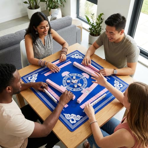 Mahjong Mat with Rules 31.5"x31.5" with Dice,2026 Mah jongg Card & Bag,Blue | Non-slip Noise-reducing Travel Game Night Christmas Mother’s Day Gift for Mahjong Lovers Family Gathering Poker Dominoes Mat - color: Blue