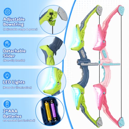 2 Pack Kids Bow and Arrow Set, LED Light Up Archery Set Toy for Kids with 2 Targets, 10 Suction Cup Arrows, Backyard Games, Indoor Outdoor Toys, 5 6 7 8 9 10 Year Old Boy Girl Christmas Birthday Gifts