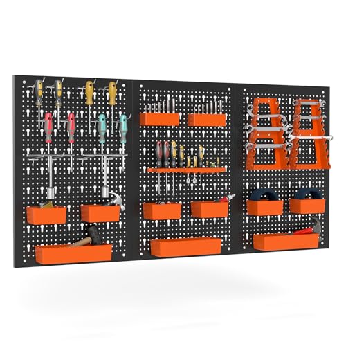 Goplus Pegboard Wall Organizer, 9-Bin Parts Rack Organizer w/Hammer Racks, Tool Holders & Hooks, Heavy-Duty Utility Tool Storage Board w/Accessories for Garage, Workshop, Craft Room - color: Orange