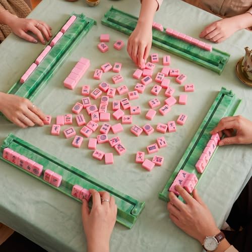 4 Pcs 18.7 Inch Acrylic Mahjong Tile Racks with Pushers for Game Night American Mahjong Racks Tile Set for Mah Jong Lovers and Beginners (Green Agate) - color: Green Agate