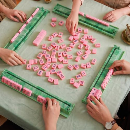 4 Pcs 18.7 Inch Acrylic Mahjong Tile Racks with Pushers for Game Night American Mahjong Racks Tile Set for Mah Jong Lovers and Beginners (Green Agate) - color: Green Agate