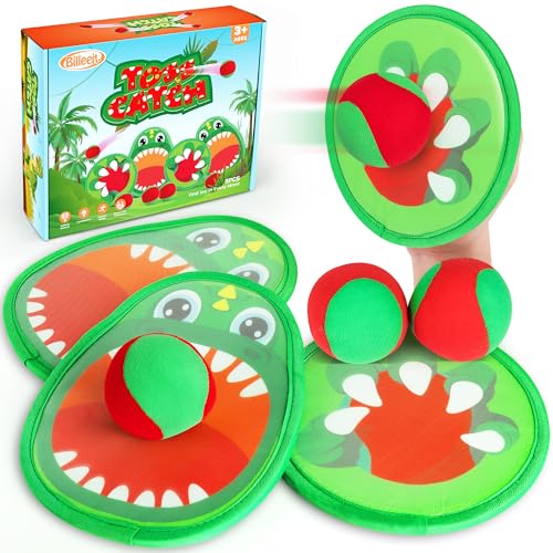 Billeeit 10.6 In Big Dinosaur Toss and Catch Ball Set, Catch Game Toys for Kids 3 4 5 6 7 8 9 10, Outdoor Yard Games Beach Toys for Family Outside Activities w/4 Big Rackets, 4 Balls, 1 Drawstring Bag