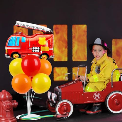 Fire Party Balloons Stand Kit 2 Sets with 2 Fire Truck Foil Balloons Fireman Firefighter Themed Party Balloon Centerpiece for Tables for Firefighter Rescue Birthday Party Decorations - style: Fire