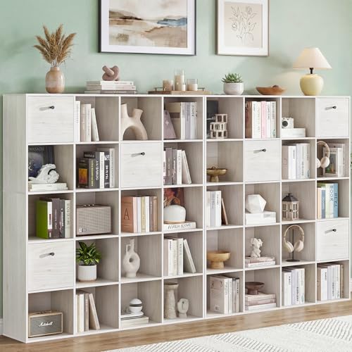 20 Cube Organizer Shelf, White Bookshelf with 3 Fabric Storage Bins, Storage Book Shelf Set, Freestanding Bookcase Bundle for Bedroom Living Room, Office Cubicle Storage Rack Set of 2, Display Rack - color: Washed White, size: 20 Cube (2PC)
