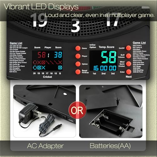 Electronic Dartboard Set with Colorful LED Displays, Soft Tip Cricket Dart Board AC & Batteries - Including 6 Darts, 130 Tips,6 Integrated Dart Tail, 2.5m Extended Power Adapter