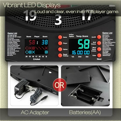 Electronic Dartboard Set with Colorful LED Displays, Soft Tip Cricket Dart Board AC & Batteries - Including 6 Darts, 130 Tips,6 Integrated Dart Tail, 2.5m Extended Power Adapter