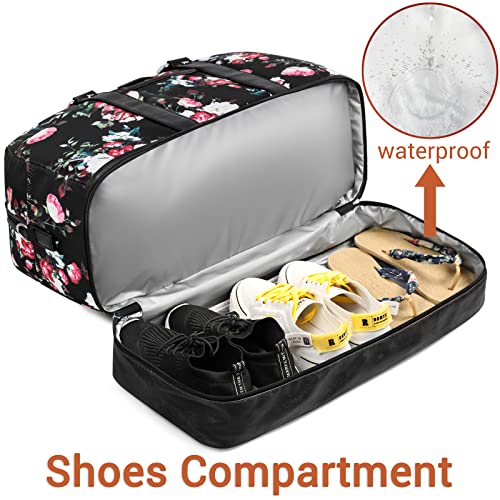 Weekender Bag for Women, Large Overnight Bag Canvas Travel Duffel Bag Carry On Tote with Shoe Compartment 21" 3Pcs Set - color: A15-black+black rose