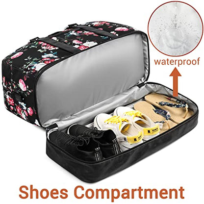 Weekender Bag for Women, Large Overnight Bag Canvas Travel Duffel Bag Carry On Tote with Shoe Compartment 21" 3Pcs Set - color: A15-black+black rose