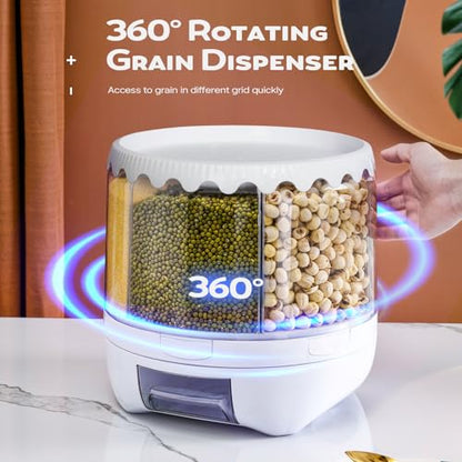 Grain Dispenser, 360° Rotating Storage Container, 6 Grid Food Dispenser with Storage Sealed Lid, Rice Dispenser for Kitchen Grains, Beans, Rice - size: M-2026 NEW