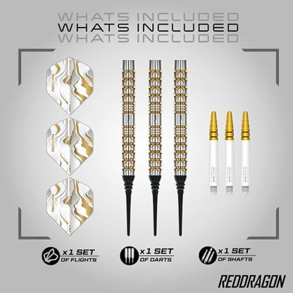 RED DRAGON Darts - Paradym Gold Series - 18g Barrel/ 20g Full Weight - Professional Soft Tip Darts Set - 90% Tungsten Parallel Barrel - Includes Dart Flights & Stems - Professional Dart Set