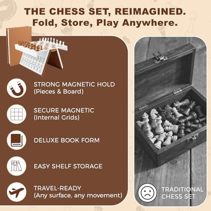 3D Printed Chess Set, Foldable Book Chess Set with Magnetic Pieces and Built-in Space, Bookshelf Board Game for Adults and Families