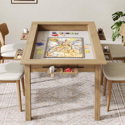 Board Game Table with Removable Top, 63" Dining/Gaming Table for 4-6 Players with 53in x 31.5in Play Area, Includes 6 Cup Holders & Trays, Natural Wood (Game Mat Not Included) - color: Natural Wood