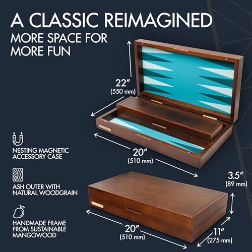 Pointworks 20 Inch Large Backgammon Sets for Adults, Green Backgammon Board, Solid Wood. Removable Accessory Tray, Premium 1.5 Inch Checkers & Dice Set, Backgammon Game Set Backgammon Table