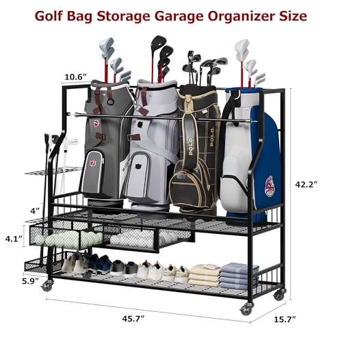 Golf Bag Storage Garage Organizer, Golf Bag Stand Fit for 4 Golf Bags, Golf Clubs, Golf Balls, Golf Equipment Accessories, Golf Bag Storage Rack with Wheels for Garage, Club, Shed, Basement - size: 45.7" L x 42.2 " W x 15.7“ H