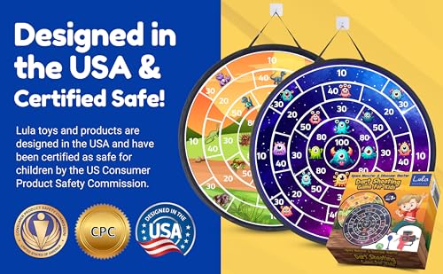 Lula Brands Dart Board for Kids w/Backpack, Shoot Sticky Darts, Balls & Darts, Large 29” Double Sided Indoor Outdoor Sport Party Game, 4 Children Boys Girls 5 6 7 8 9 10 11 12 13