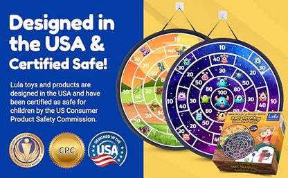Lula Brands Dart Board for Kids w/Backpack, Shoot Sticky Darts, Balls & Darts, Large 29” Double Sided Indoor Outdoor Sport Party Game, 4 Children Boys Girls 5 6 7 8 9 10 11 12 13