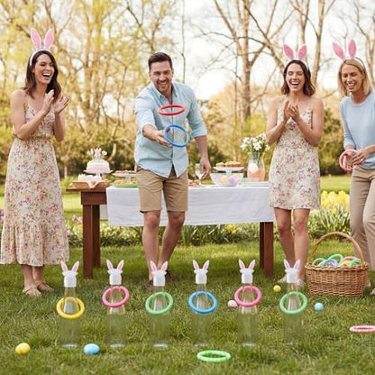 Capoda 84 Pcs Easter Ring Toss Game Outdoor Bunny Party Games Include 14 Glass Bottles and 70 Rings for Easter Party Indoor Outdoor Family Adults Throwing Favor Supplies