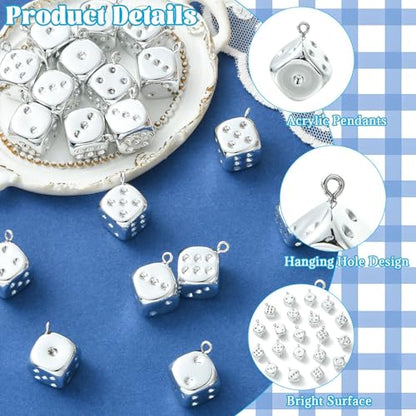 Stiesy Plating Acrylic Dice Charms 40Pcs, Silver Color Gambling Theme Pendants Dangle Charms Bulk for Jewelry Making, DIY Craft Projects and Game Lover Presents - color: Silver Dice-40pcs