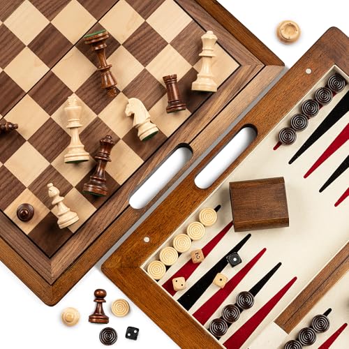 15.5'' Deluxe Solid Wood 3-in-1 Chess Set: Portable Chess, Backgammon, and Checkers with Hollow Handle Box, Folding Board for Travel, Suitable for Adults