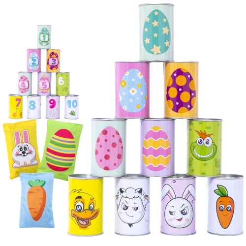 JOYIN 13 Pcs Easter Carnival Knockdown Can Game Set, Bean Bag Toss Game for Kids Adults, Indoor Outdoor Games Supplies, Easter Theme Party Games, Egg Hunt, Family Activities Lawn Yard Game