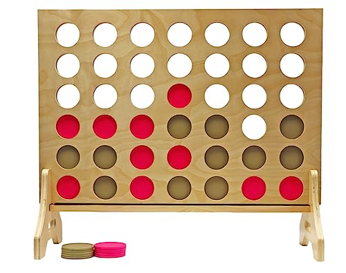 Giant 4 in a Row Game for Family & Adults – Tailgating Pros Jumbo Natural Wooden Four in a Row Indoor Outdoor Yard Game for Family Party Fun, Portable Activities for Patio, Backyard, and Camping - color: Gold / Pink